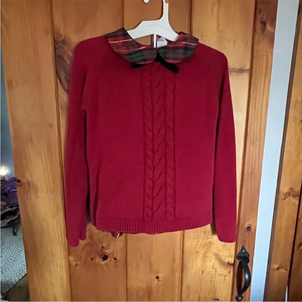 Gymboree Red Sweater with Plaid Collar and red plaid holiday skirt.